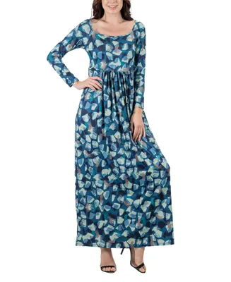 24seven Comfort Apparel Women's Abstract Long Sleeve Pleated Maxi Dress