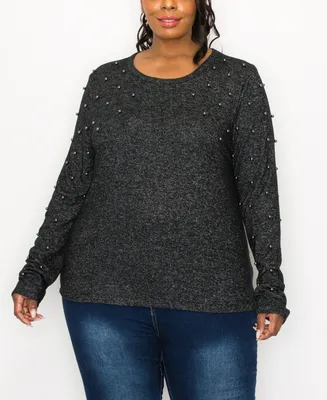 Coin 1804 Plus Cozy Long Sleeve Pullover Top with Gunmetal Studs