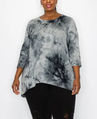 Coin 1804 Plus Tie Dye Cozy 3/4 Sleeve Button Back Top