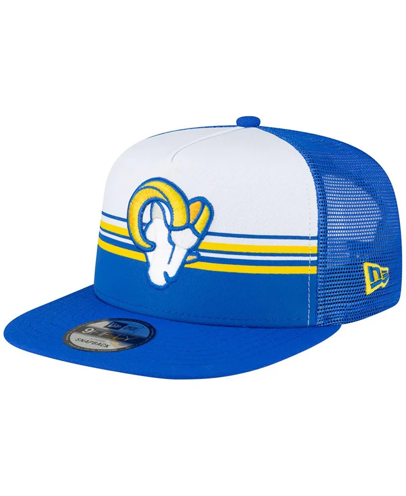 Men's New Era White, Royal Los Angeles Rams Striped A-Frame 9FIFTY Trucker Snapback Hat