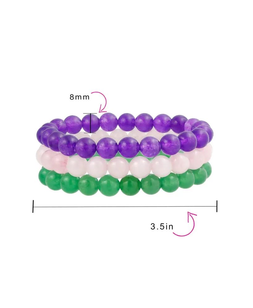 Bling Jewelry Set Of 3 Dyed Purple Amethyst Pink Rose Quartz Green Aventurine 8MM Ball Bead Stones Stretch Bracelet For Women Set