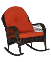 Costway Patio Wicker Rocking Chair W/Seat Back Cushions & Lumbar Pillow Porch