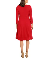 London Times Women's 3/4-Sleeve Pleated Fit & Flare Dress