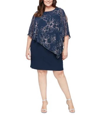 Sl Fashions Plus Size Metallic Floral Asymmetrical Capelet Dress