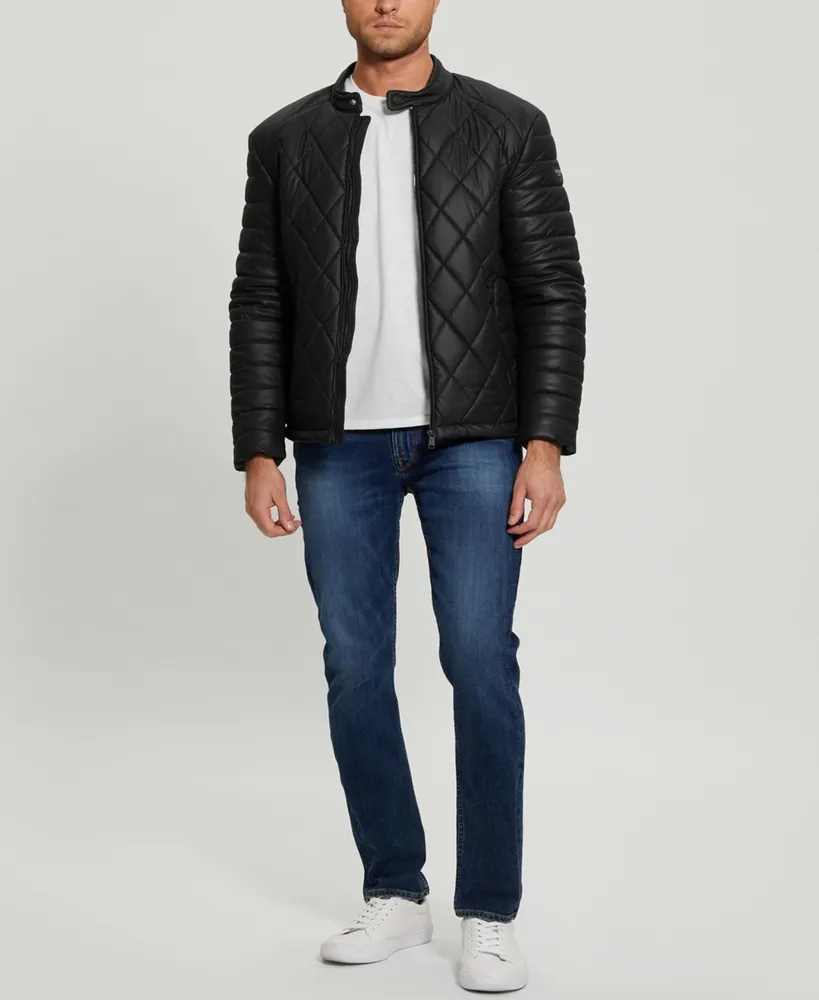 Guess Men's Stretch Faux Leather Biker Collar Jacket