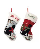 Glitzhome Set of 2 Hooked Stocking, Cat Dog