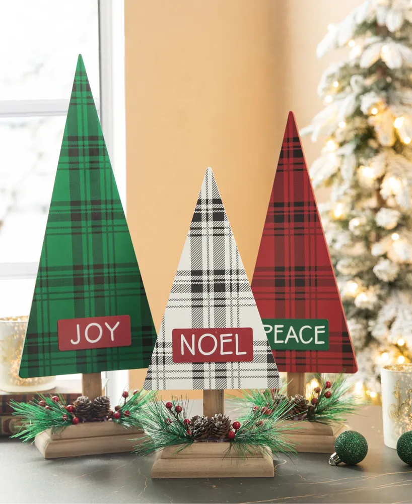 Glitzhome Set of 3 Wooden Christmas Plaid Table Tree