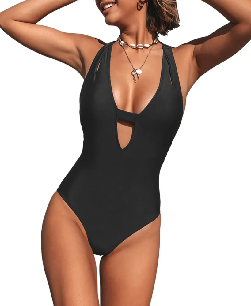 Women's Deep V Neck Crisscross One Piece Swimsuit -Cupshe-XS-Black  Cheeky  one piece swimsuit, Cupshe swimsuits, Black one piece swimsuit