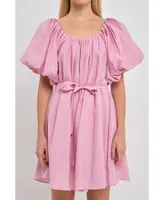 endless rose Women's Pleated Detail Puff Sleeve Mini Dress