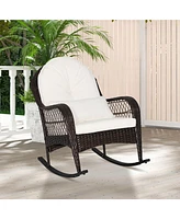 Patio Wicker Rocking Chair with Seat Back Cushions & Lumbar Pillow Porch