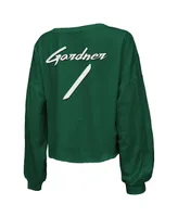 Women's Majestic Threads Sauce Gardner Green New York Jets Name and Number Off-Shoulder Script Cropped Long Sleeve V-Neck T-shirt