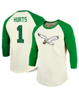 Men's Majestic Threads Jalen Hurts Cream, Kelly Green Philadelphia Eagles Alternate Player Name and Number Raglan 3/4-Sleeve T-shirt