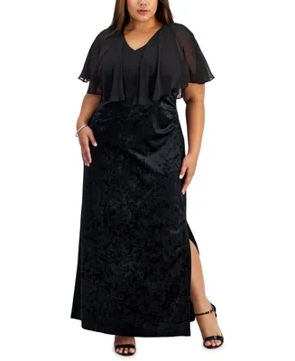 Connected Plus Size V-Neck Velvet Side-Slit Cape Dress