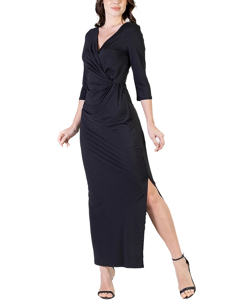 24seven Comfort Apparel Women's Fitted V-neck Side Slit Maxi Dress