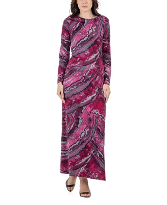 24seven Comfort Apparel Women's Print Long Sleeve Side Slit Maxi Dress