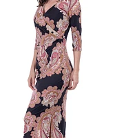 24seven Comfort Apparel Women's Paisley Sleeve Side Slit Maxi Dress