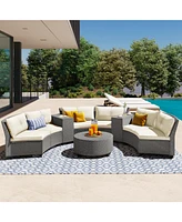 6 - Person Fan-shaped Rattan Suit Combination with Cushions and Table,Suitable for Garden