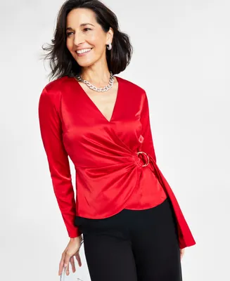 I.n.c. International Concepts Women's Surplice Satin Blouse, Created for Macy's