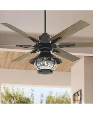 Casa Vieja 60" Expedition Modern Outdoor Ceiling Fan with Led Light Remote Control Matte Black Oak Wood Lantern Shade Damp Rated for Patio Exterior Ho