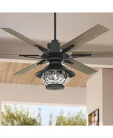 60" Expedition Modern Outdoor Ceiling Fan with Led Light Remote Control Matte Black Oak Wood Lantern Shade Damp Rated for Patio Exterior House Home Po