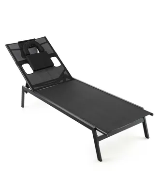 Patio Tanning Lounge Chair 5-Position Outdoor Recliner with Face Hole Poolside