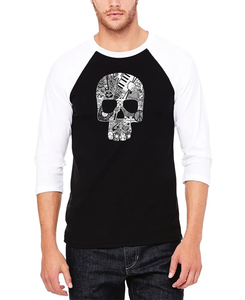 La Pop Art Men's Rock N Roll Skull Raglan Baseball Word T-shirt