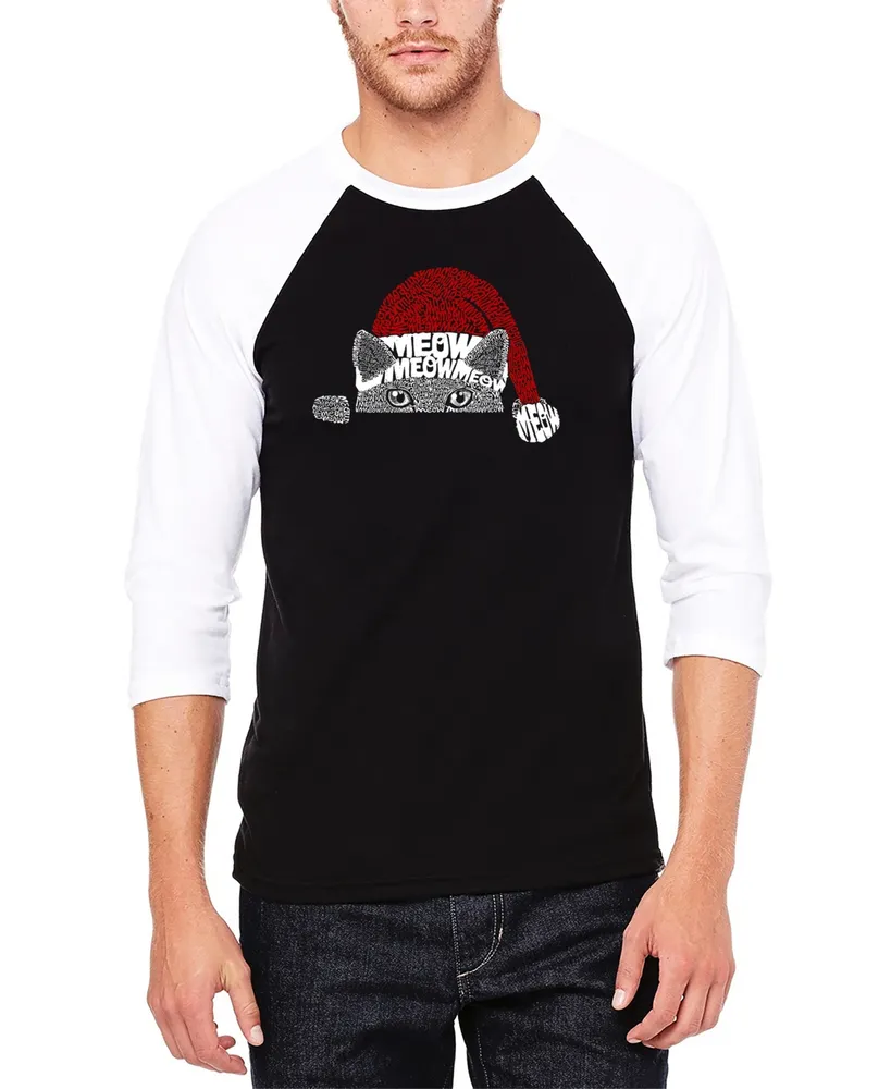 La Pop Art Men's Christmas Peeking Cat Raglan Baseball Word T-shirt