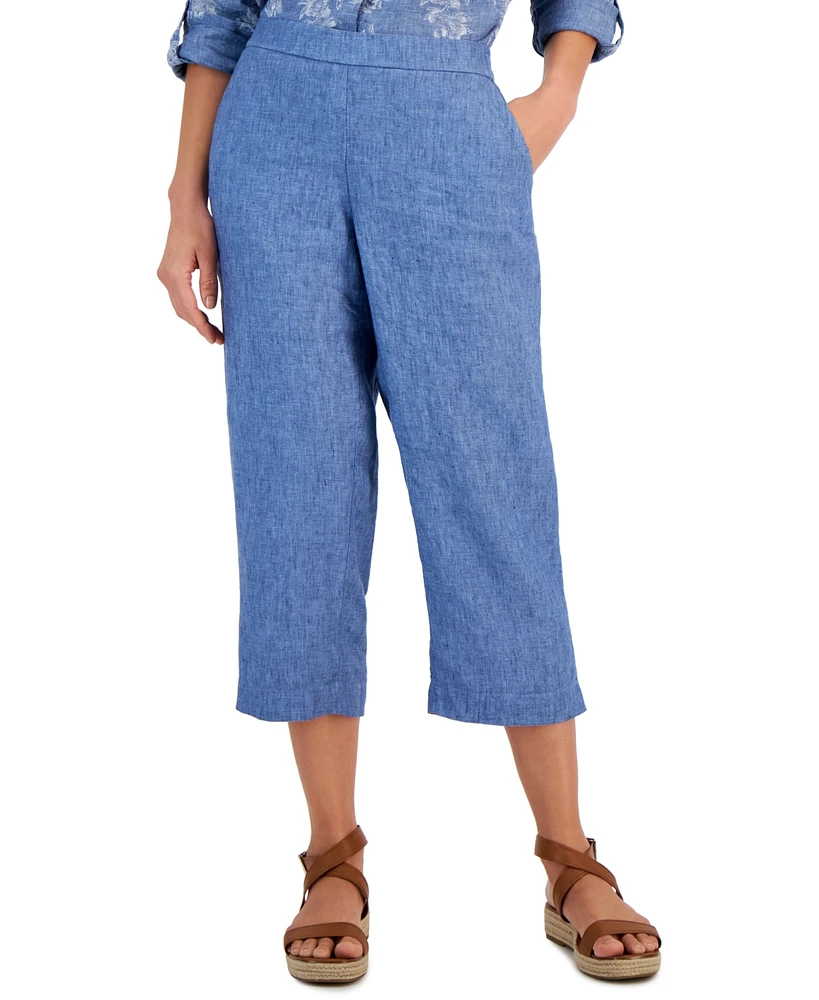 Charter Club Women's 100% Linen Solid Cropped Pull-On Pants