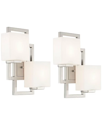 Possini Euro Design Lighting on the Square Modern Wall Light Sconces Set of 2 Brushed Nickel Hardwired 13.75" 2-Light Fixture Opal Glass for Bedroom B