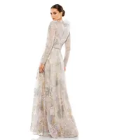 Women's Embellished Long Sleeve High Neck Rose Applique Gown