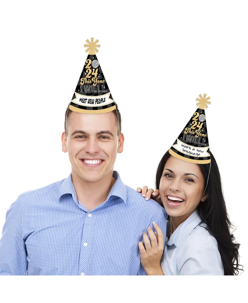 Big Dot of Happiness Disco New Year - Groovy 2024 Nye Resolution Cone Hat - Set of 8 (Standard Size)