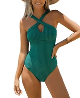 Women's Rib Cutout Crisscross One Piece Swimsuit