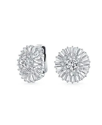 Bling Jewelry Wedding Cz Baguette Pave Round Cubic Zirconia Clip On Earrings For Women Non Pierced Ears Brass