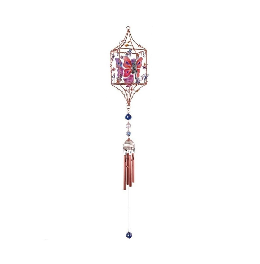 33" Long Butterfly Fairy Copper and Gem Wind Chime with Candle Holder