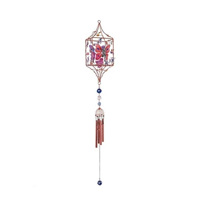 33" Long Butterfly Fairy Copper and Gem Wind Chime with Candle Holder