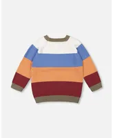 Boy Knitted Raglan Sweater Red Wine, Burnt Orange And Oatmeal Stripe