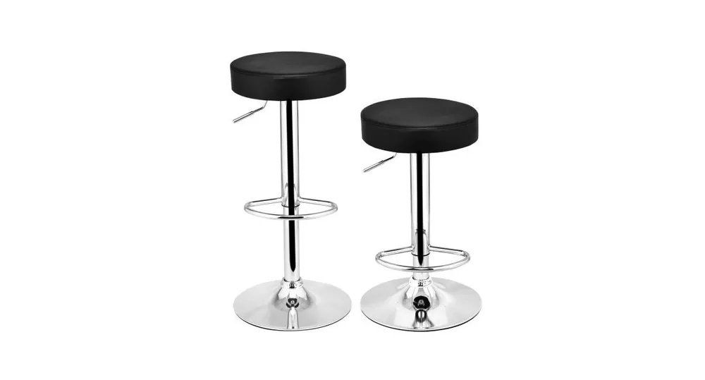 Set of 2 Round Leather Seat Chrome Leg Adjustable Hydraulic Swivel Bar Stool-Black