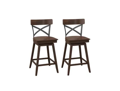 Set of 2 Wooden Swivel Bar Stools with Open X Back and Footrest