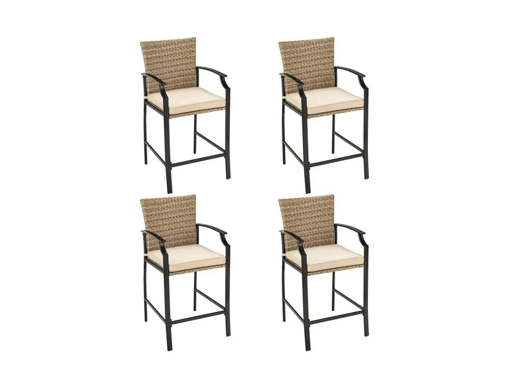 Patio Rattan Bar Stools Set of 4 with Soft Cushions