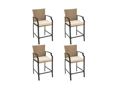 Patio Rattan Bar Stools Set of 4 with Soft Cushions