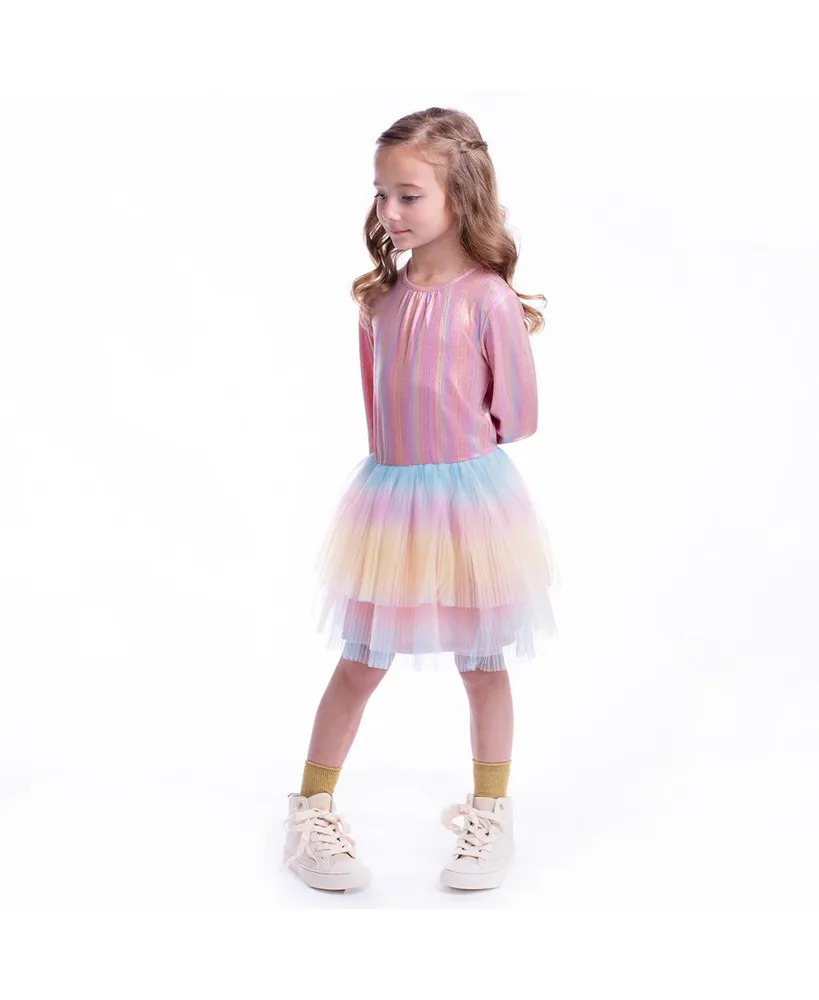Imoga Collection Little Girls Miley FW23 Rainbow Metallic Knit Pleated Mesh Dress