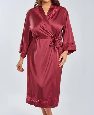 iCollection Plus Silky Long Robe with Lace Trims