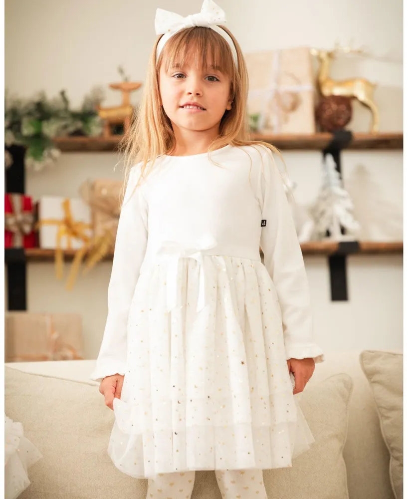 Girl Bi-Material Long Sleeve Dress With Glittering Tulle Skirt Off White - Toddler|Child