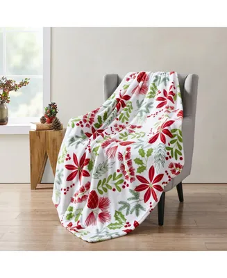 Kate Aurora Holiday Living Christmas Floral Poinsettia & Ferns Ultra Soft & Plush Throw Blanket