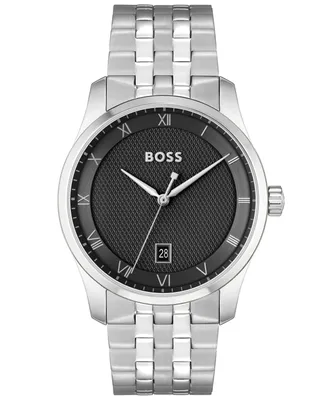 Boss Men Principle Quartz Basic Calendar Silver-Tone Stainless Steel Watch 41mm