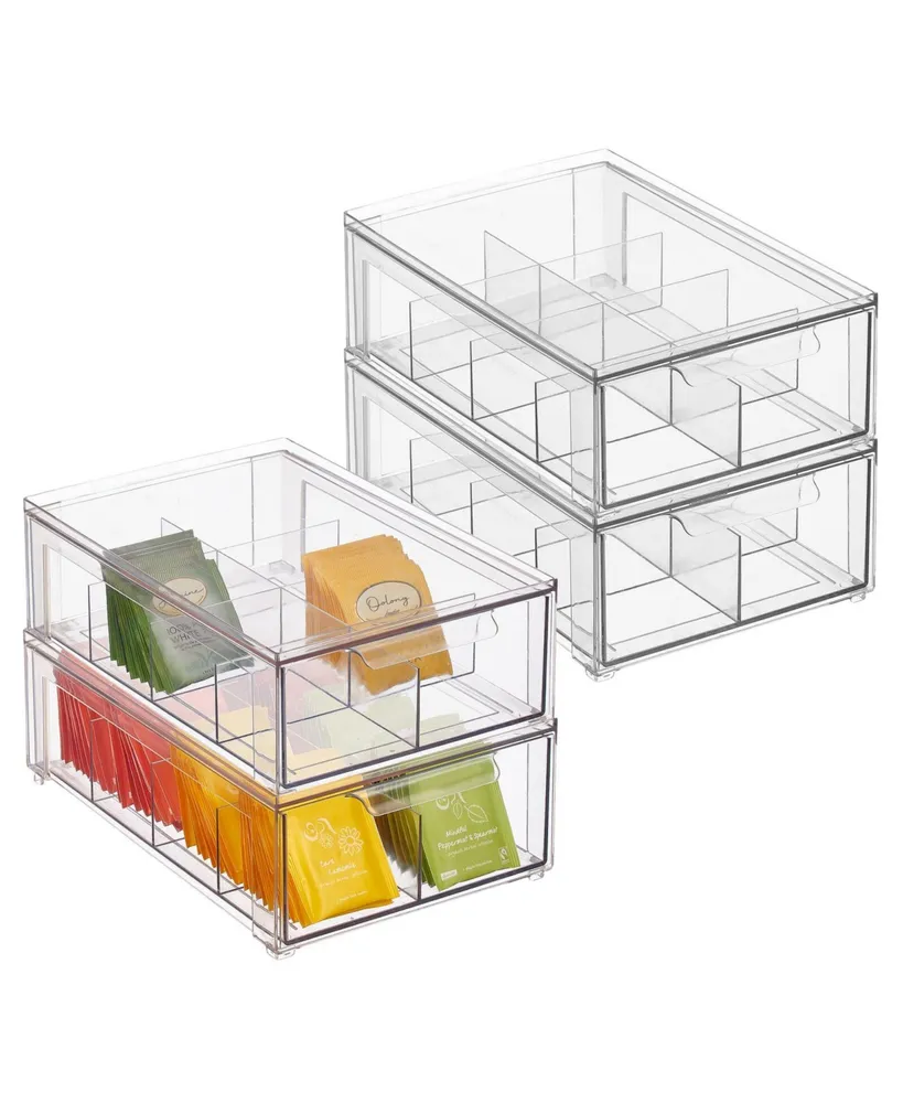 mDesign Plastic Kitchen and Pantry Organizer with Divided Drawer - 4 Pack, Clear