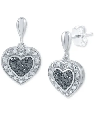 Black & White Diamond Heart Drop Earrings (1/6 ct. t.w.) in Sterling Silver