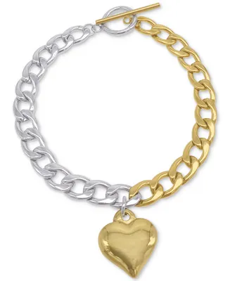 Adornia Rhodium-Plated & 14k Gold-Plated Heart Charm Link Bracelet