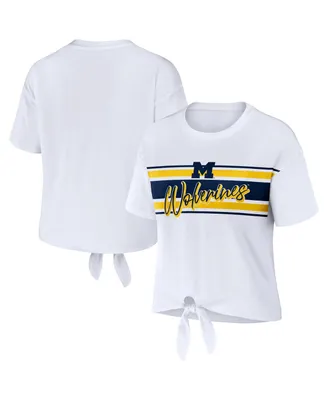 Women's Wear by Erin Andrews White Michigan Wolverines Striped Front Knot Cropped T-shirt