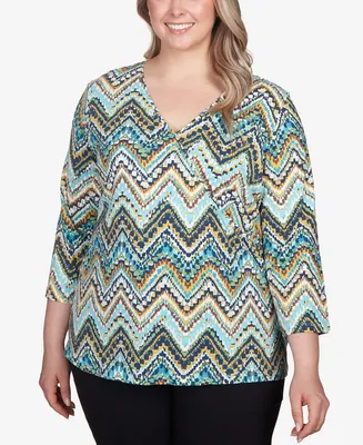 Hearts Of Palm Plus Teal The Show Printed 3/4 Sleeve Top